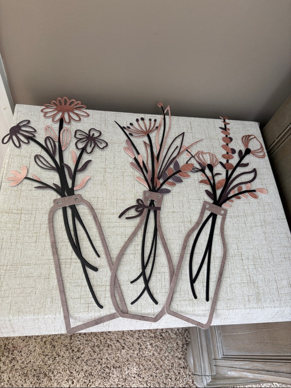 Metal Wall Art Trio of Pink and Black Flower Vases - Unbranded